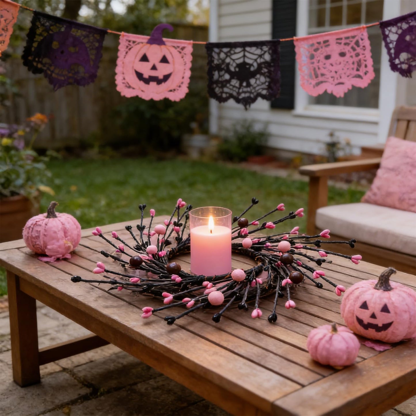 4 Pcs Pink Halloween Mini Candle Ring Wreaths Black Twig & Pink Buds with Bead Accents Artificial Pillar Candle Holder Wreath for Spooky Cute Gothic Home Cabinet Table Porch Decoration