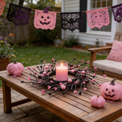 4 Pcs Pink Halloween Mini Candle Ring Wreaths Black Twig & Pink Buds with Bead Accents Artificial Pillar Candle Holder Wreath for Spooky Cute Gothic Home Cabinet Table Porch Decoration