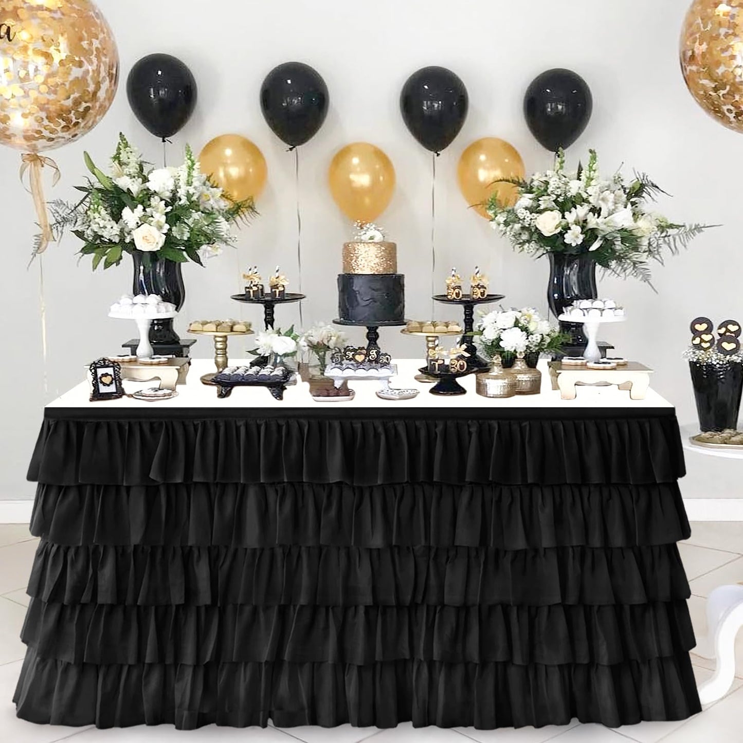 Pufogu Black Tulle Table Skirt 9ft Tutu Ruffled Chiffon Tablecloth For Rectangle Wedding Baby Shower Girls Birthday Party and Cake Dessert Table Decorations(Black, L9(ft), H30in)