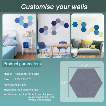 Afumazi Felt Bulletin Board Tiles, 8 Pcs Hexagon Wall Tiles with Removable Adhesive, 7.9×6.9 Inch Cork Pin Board for Classroom, Home, Office (Set G, Middle)