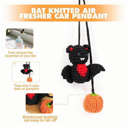 Rislobx Crochet Bat and Pumpkin Car Rearview Mirror Hanging, Knitted Cute Halloween Bat Car Charm Ornament, Handmade Pendant Mirror Decor Auto Interior Accessories (Pumpkin)