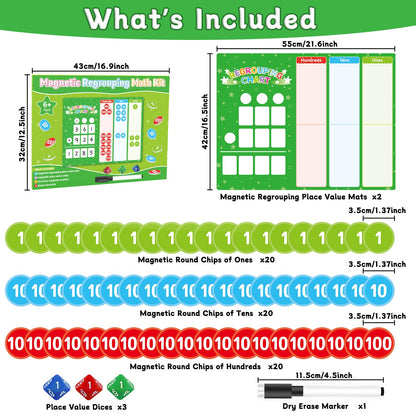 Magnetic Regrouping Math Base Ten Place Value, 2026 New Upgraded Addition & Subtraction Math Manipulatives Dry Erase Whiteboard for Kids 1st 2nd 3rd Grade, Math Games Homeschool Classroom Must Haves