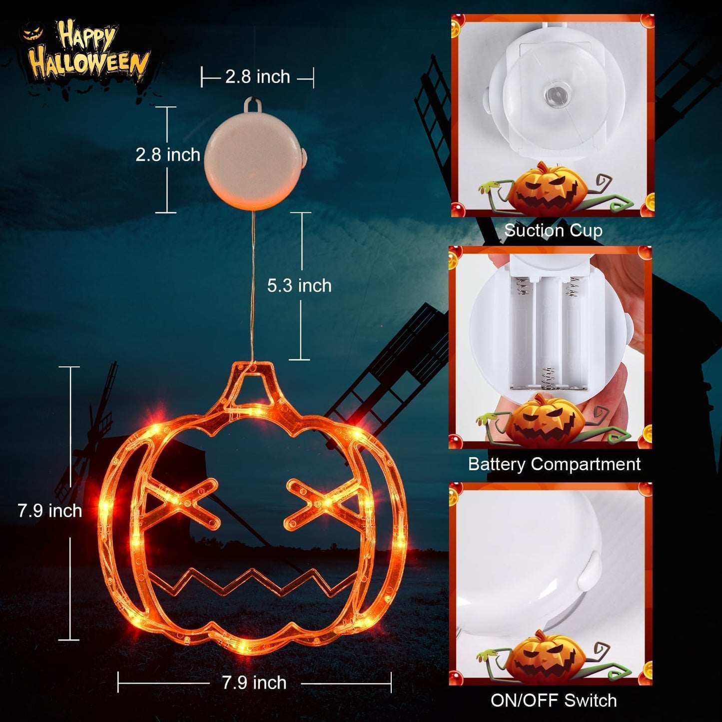 LOLStar Halloween Window Lights, 3 Pack Pumpkin, Spider, Witch Hat Lights