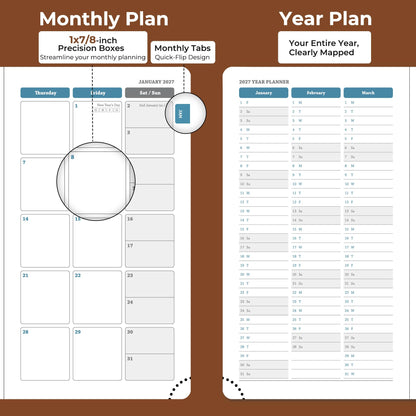 IN-LUXPRO Planner 2026-2027 Daily Weekly and Monthly,6.5"x3.75",18 Months Spiral Bound Calendar Agenda with Self-adhesive Pen Holder,2026 Academic Plan with Vegan Leather Soft Cover,Brown