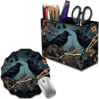 VSHSEEOM Pen Holder for Desk, PU Leather Multifunctional Desktop Storage Box and Anti-Slip Mouse Pad Set, Makeup Brush Holder Pen Organizer for Office and Home - Branch Crow