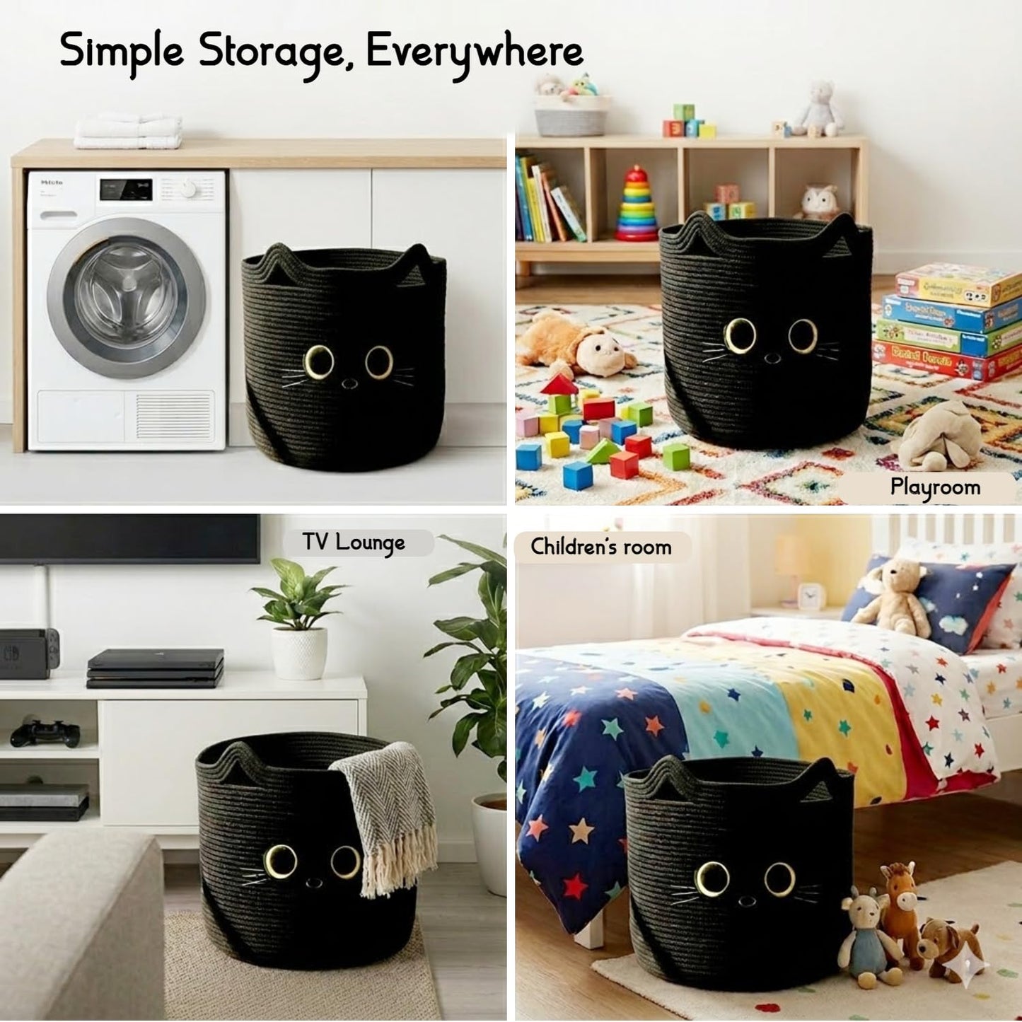 Nursery Storage Basket, 25L Large Woven Cotton Rope Baby Bin, Black Cat Design, Cutout Handles, Foldable, Washable, & Baby-Safe Organization for Kids Toy, Stuffed Animals, Laundry Hamper (Black Cat)