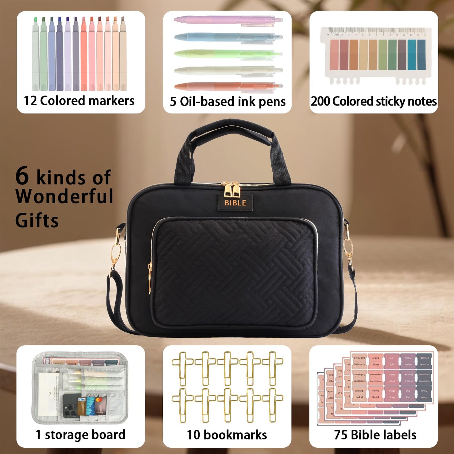 Bible Cover for Women Bible Case, Large Bible Bag, Bible Study Supplies Bible Journaling Kit Book Carrying Case with Bible Highlighters Tabs, Valentines Day Christian Gifts for Women (Black)