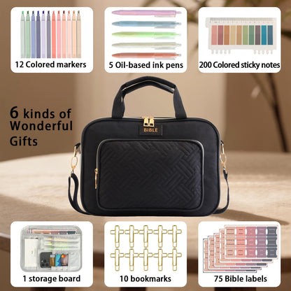 Bible Cover for Women Bible Case, Large Bible Bag, Bible Study Supplies Bible Journaling Kit Book Carrying Case with Bible Highlighters Tabs, Valentines Day Christian Gifts for Women (Black)