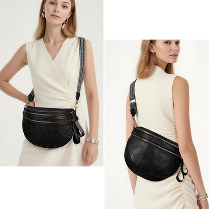 Leather Crossbody Fanny Pack Trendy Bum Bag Double Zip Multi Compartment with 2 Adjustable Straps Daily Belt Purse for Women