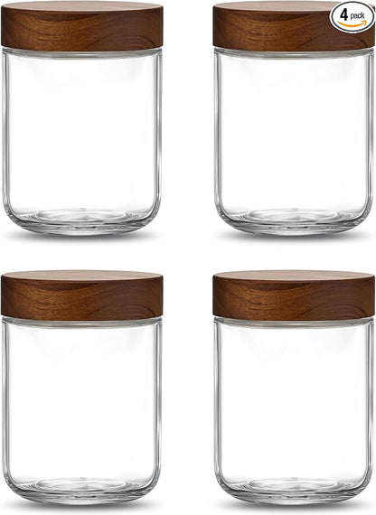 Danmu 16 oz Overnight Oats Containers with Lids,Salad Jar,Glass Jar with Wooden Lid 4 Pack,Mason Jars 16 oz with Lids for Snack,Overnight Oats,Meal Prep,Yogurt,Parfait,Soup,Salad 100% Leak-proof