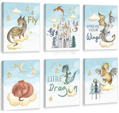 CHDITB Little Dragon Wall Art, Spread Your Wings Framed Canvas Wall Art Set, Fantasy Dragon Decor, Magical Castle Painting, Inspiring Quote Art Prints For Kids Room Nursery Decor(12X16 Inch)