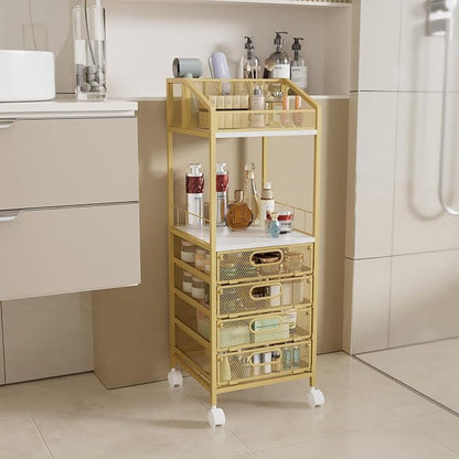 HapiRm Makeup Organizer Storage Cart - Floor Skincare Make Up Storage with 4 Drawers, Rolling Makeup Cart Vanity Organizer Cosmetics Display Cases Holder for Skin Care Perfume Nail Polish, Gold