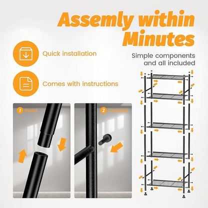 Abiglifty Storage Shelves, 5 Tier Metal Shelf Organizer, Garage Shelving with Adjustable Leveling Feet, Shelves Organizer for Bathroom, Closet, Garage, 18" x 12" x 57", Black