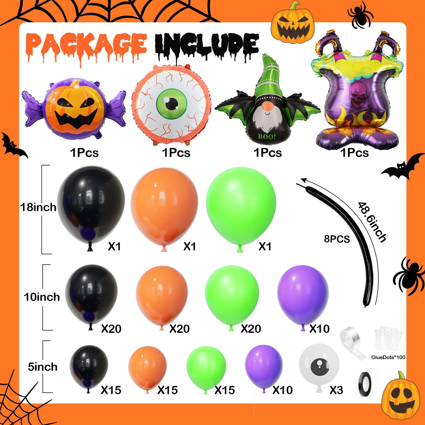 Bonropin Halloween Balloon Garland Arch kit with Black Orange Green Purple Spider Balloons Halloween Furnace Pumpkin Bat Eye Foil Balloons for Haloween Theme Party Background Classroom Decorations