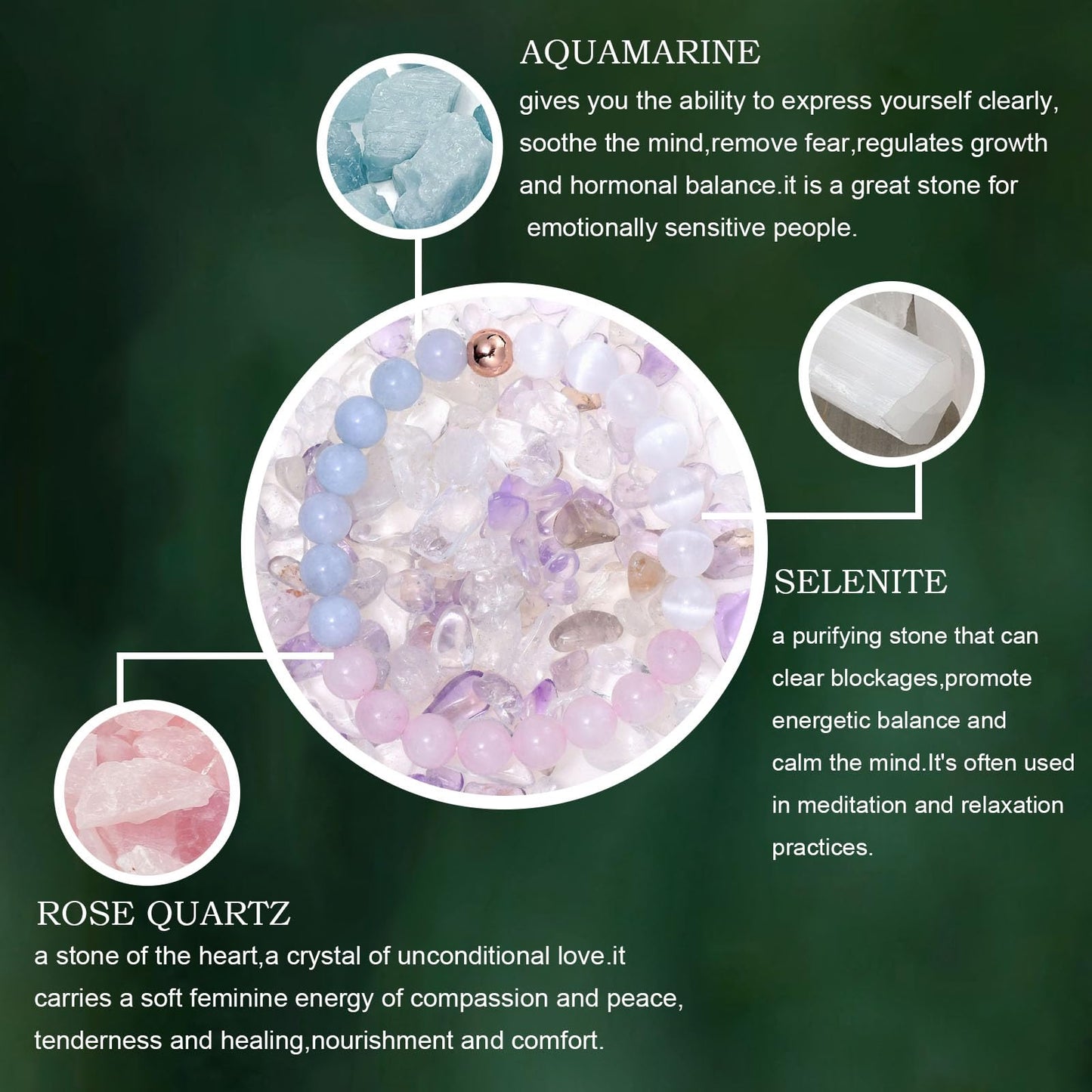 Ayriwoyi Rose Quartz Bracelet for Women Healing Crystal Stone Beaded Bracelet Aquamarine Love Bracelet Carnelian Selenite Bracelets