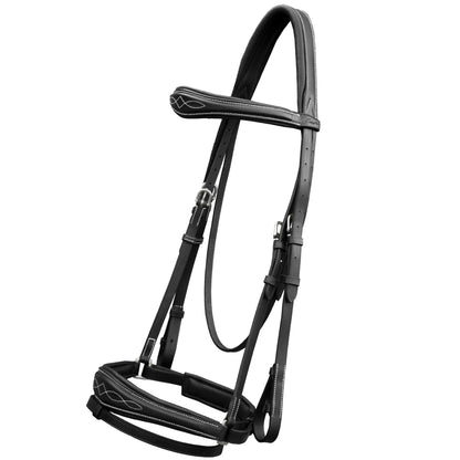 Exion Horse Dressage Bridle with Soft Padded Anatomical Crank Noseband & Reins | Fancy Square Raised Browband | Comfort Crownpiece | Premium Vegetable Tanned Leather