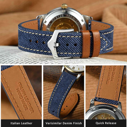 WOCCI 20mm Watch Band, Italian Leather, Denim Pattern, Silver Buckle (Denim Blue)