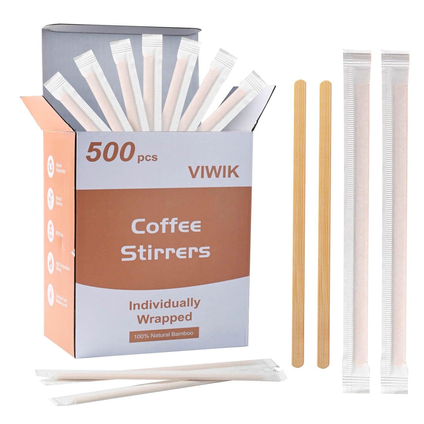 VIWIK Individually Wrapped Bamboo Stirrers, 500 Pack Natural Bamboo Coffee Stir Sticks (5.5 Inch), Disposable Drink Stirrers for Home, Office, Coffee Shop, Bar & Restaurant