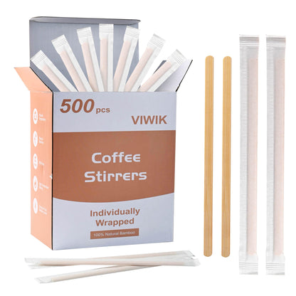 VIWIK Individually Wrapped Bamboo Stirrers, 500 Pack Natural Bamboo Coffee Stir Sticks (5.5 Inch), Disposable Drink Stirrers for Home, Office, Coffee Shop, Bar & Restaurant