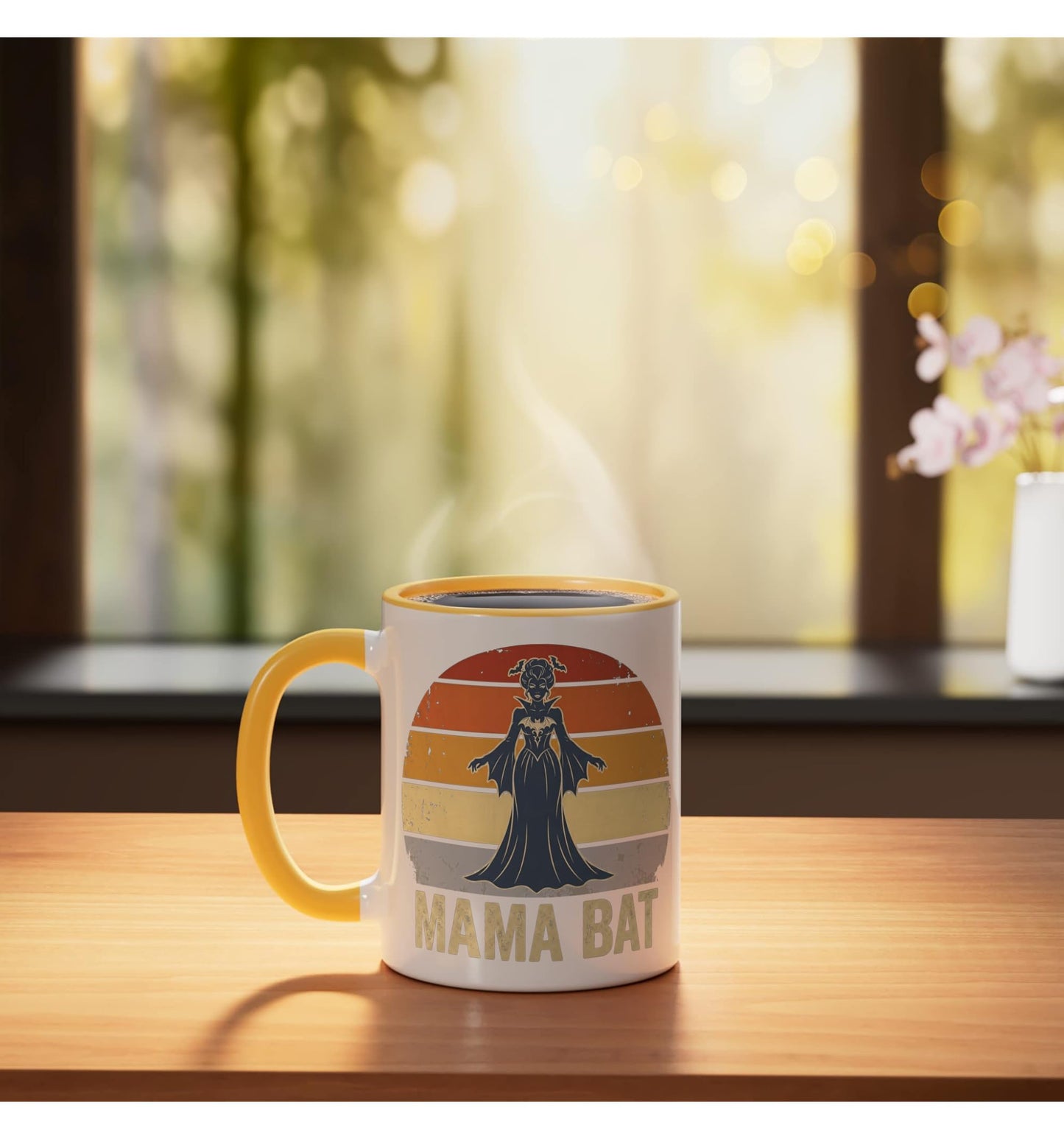Mama Bat Funny Gothic Mom Halloween Sunset Vintage Ceramic Mug, Yellow/White