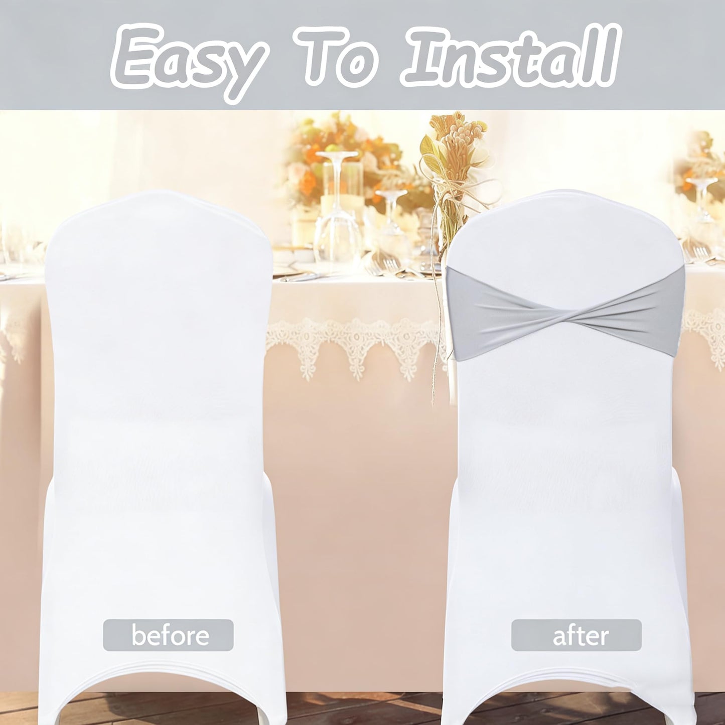 Fleurpoem Spandex Gray Chair Sashes Bows 60 Pcs Light Gray Chair Sashes Elastic Chair Cover Bands Ties Without Buckle for Wedding Birthday Party Ceremoney Events Decoration