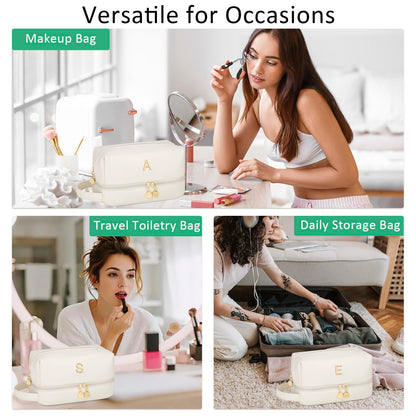 CLOUDWINGS Initial Makeup Bag for Women - Personalized Double Layer Cosmetic Bags with Makeup Brush Organizer, Hanging Travel Toiletry Bag with Large Capacity, Gifts for Mom Girlfriend Wife（Beige E）