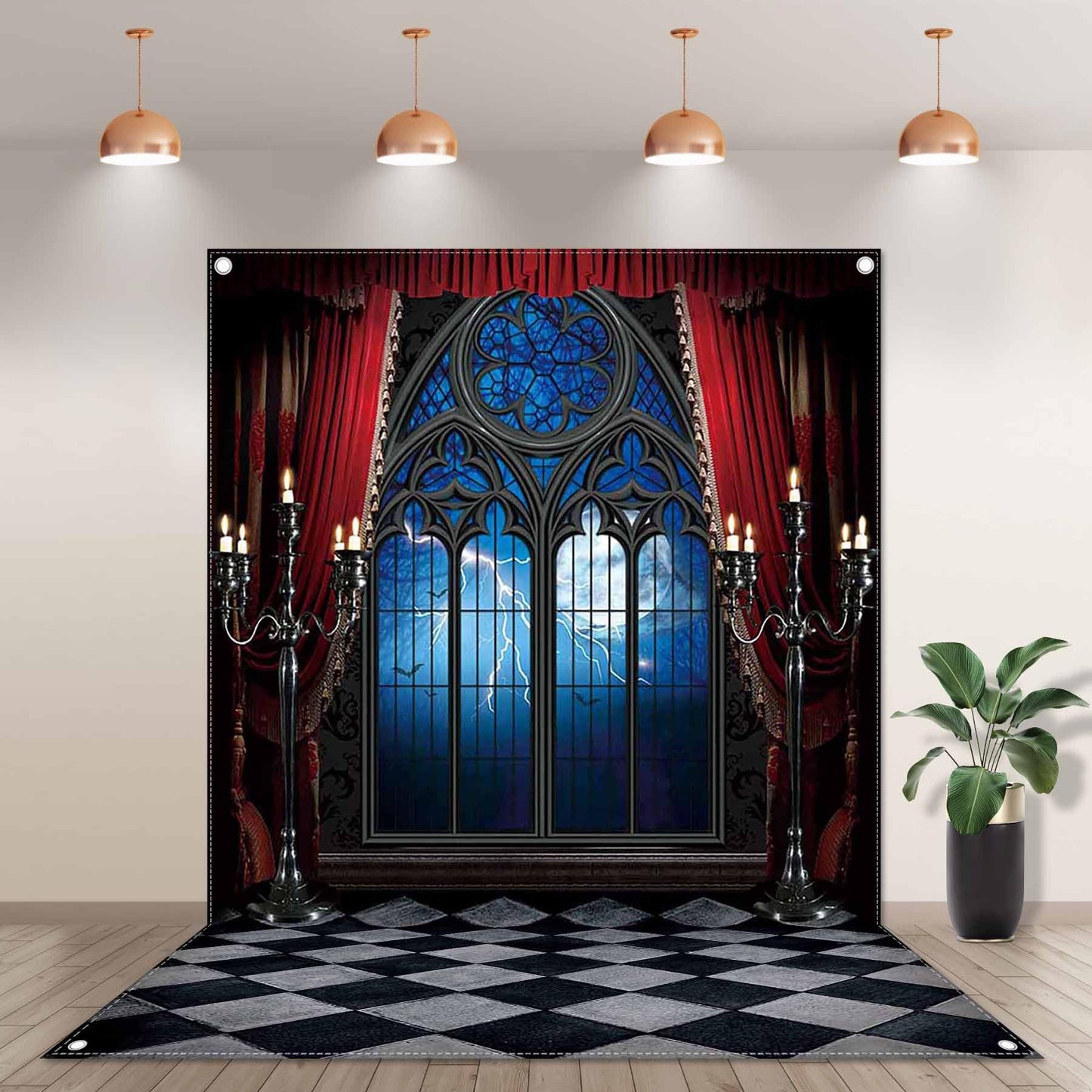 Swepuck 5x7ft Gothic Vampire Medieval Castle Backdrop Halloween Window Moon Bats Photography Background Dress-up Party Decorations Photo Booth Banner