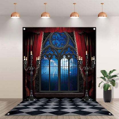 Swepuck 5x7ft Gothic Vampire Medieval Castle Backdrop Halloween Window Moon Bats Photography Background Dress-up Party Decorations Photo Booth Banner