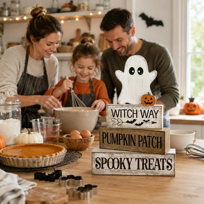 4 Pcs Halloween Table Decorations Wooden Ghost Tiered Tray Decor Farmhouse Rustic Block Signs Cute Pumpkin Tabletop Centerpiece for Home Office Mantel Kitchen Shelf
