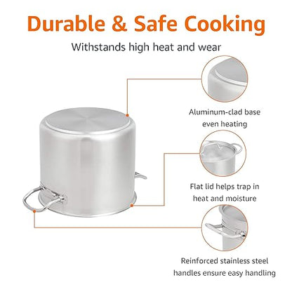 Amazon Basics 12 Quarts Stainless Steel Aluminum-Clad Stock Pot with Cover, Induction Compatible, Dishwasher Safe, Oven Safe, Even Heating, Soup and Pasta Pot