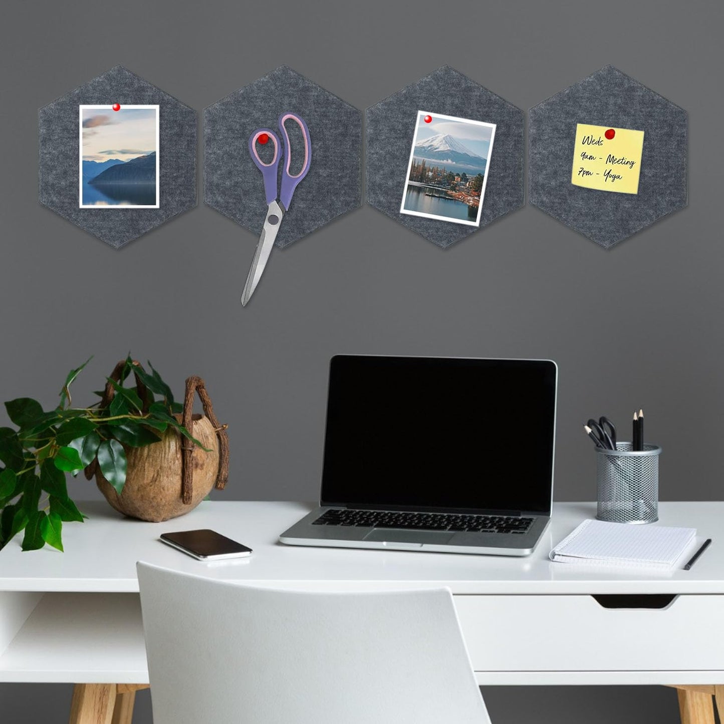 8 Packs Dark Grey Hexagon Felt Pin Board, 12" Bulletin Board with 30 Push Pins, Felt Board for Home Kitchen Office Decor, Self-Adhesive Corkboard Tiles for Walls Message Photos Memos Display