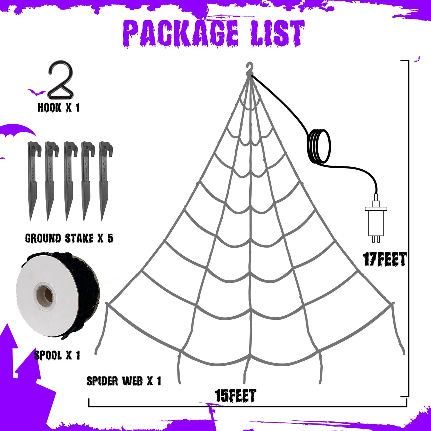 EAMBRITE Giant Spider Web Lights Halloween Decorations Outdoor with 135 LED Purple & Orange Lights, 17Ft Outside Huge Lighted Black Spider Web Halloween Light for Yard Party Haunted House Decor