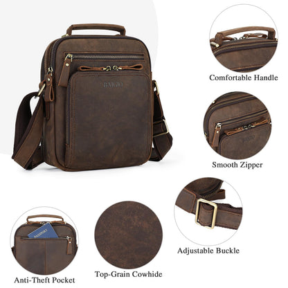 BAIGIO Genuine Leather Small Messenger Bag for Men Crossbody Shoulder Bag for Ipad Small Handbag Vintage Man Purse Daily Business(Dark Brown)