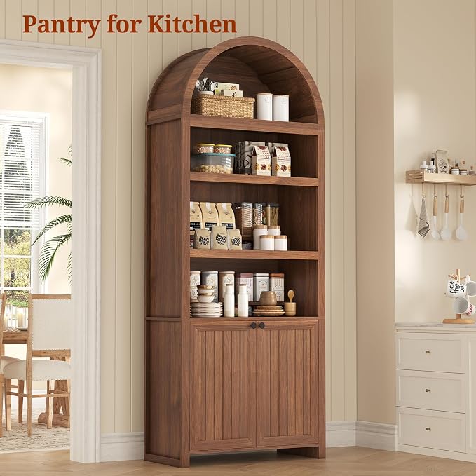 81" Tall Arched Cabinets,Bookcase with storage,Mid-Century Modern 6-Tier Bookshelf with Door,2 Book Risers and Adjustable Shelves offering more storage space for Living Room,Kitchen,Home Office,Brown