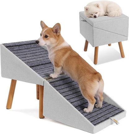 Dog ramp for Small Dogs, 2-in-1 Pet Steps & Ottoman - Foldable Dog ramp for Couch, Non-Slip Wooden Pet ramp for Puppy Senior Injured Dogs (Light Grey, XL(17.13H))
