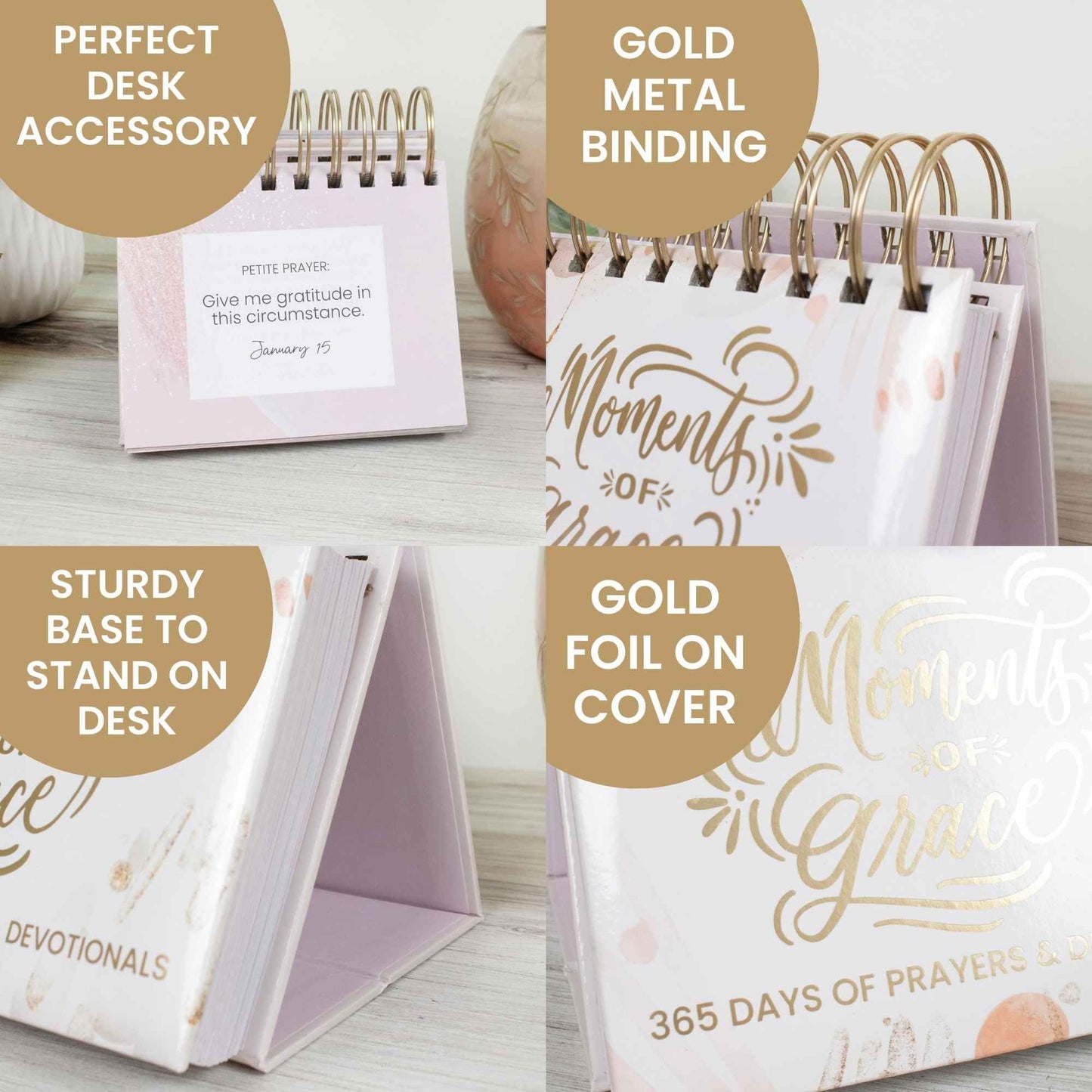 bloom daily planners x Writefully His Undated Perpetual Desk Easel - Christian Inspirational Standing Desktop Flip Calendar - Page a Day - (5.25" x 5.5") - Moments of Grace