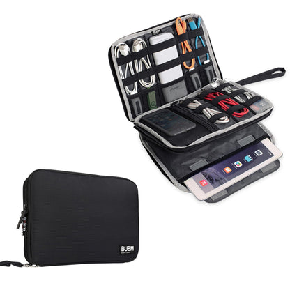 BUBM Double Layer Electronics Organizer/Travel Gadget Bag For Cables,Memory Cards,Flash Hard Drive and More,Fit For iPad Or Tablet(Up To 9.7")--Large, Black