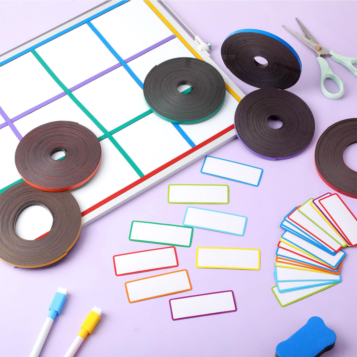 Tellegloww 6 Rolls 1/4" Magnetic Whiteboard Tape Set 33ft Magnetic Tape Roll Thin Strips Borders for Classroom Whiteboard with 48pcs Dry Erase Labels for Classroom School Office Home Students
