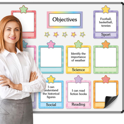 Trandraft 16 Pcs Magnetic Write Wipe Organization Chart Classroom Dry Erase Labels Learning Objectives Board for Whiteboard Goals Targets Classroom Teaching Supplies(Stars)