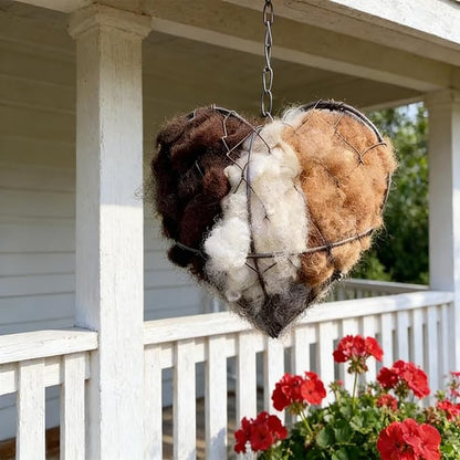 Handmade Alpaca Wool Bird Nest Heart, Nesting Material Frame with Chain, Hummingbird Shelter Box, Wild Bird Winter Tree House (2 PCS)