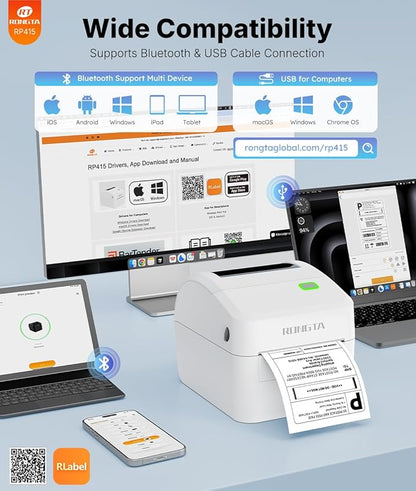 Rongta Bluetooth Thermal Shipping Label Printer, Wireless 4x6 Label Sticker Printer for Shipping Packages, Support Android, iPhone, Widely Used for Amazon, Ebay, Shopify, Etsy, UPS, White