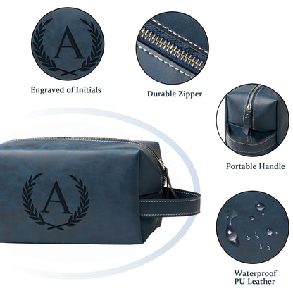 Aganmi Personalized Gifts Travel Toiletry Bag for Men Engraved Initial PU Leather Waterproof Shaving Bag for Toiletries Accessories Fathers Day Birthday Gift for Men Dad Husband Son, Dark Blue B