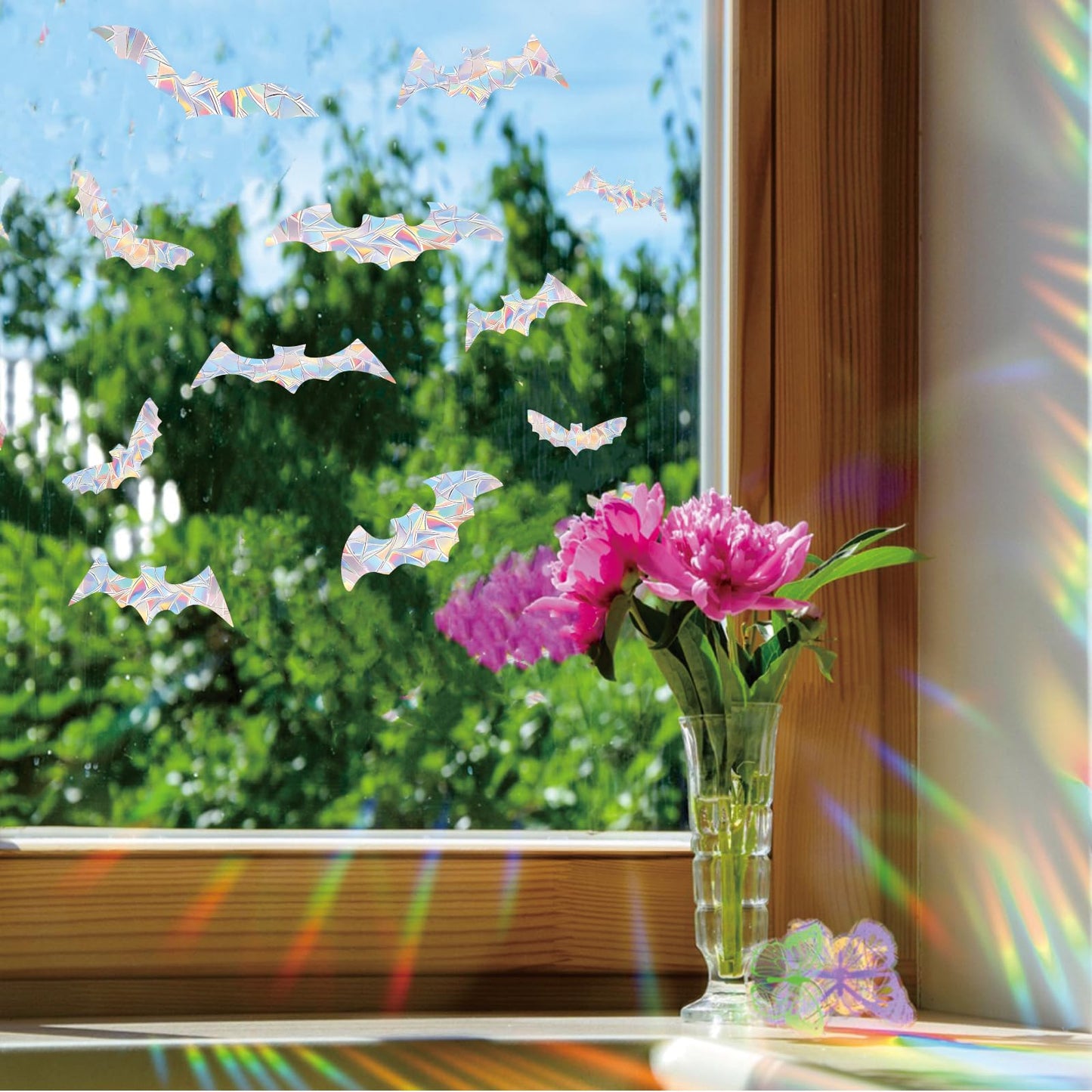 45PCS Halloween Bat Window Stickers Prevent Birds from Hitting Windows, Rainbow Sun Catcher Stickers No Glue Required, Non-Adhesive Reusable Vinyl Rainbow Stickers