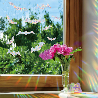 45PCS Halloween Bat Window Stickers Prevent Birds from Hitting Windows, Rainbow Sun Catcher Stickers No Glue Required, Non-Adhesive Reusable Vinyl Rainbow Stickers