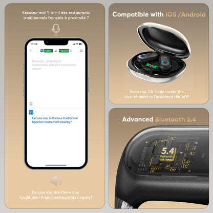 MOZC 168 Languages AI Translation Earbuds, Bluetooth 5.4 Headphones Translator, 4-in-1 Smart Mode Touch Screen Real-Time Earphones Fit iOS and Android Ideal for Travel Business Learning, Gun Black