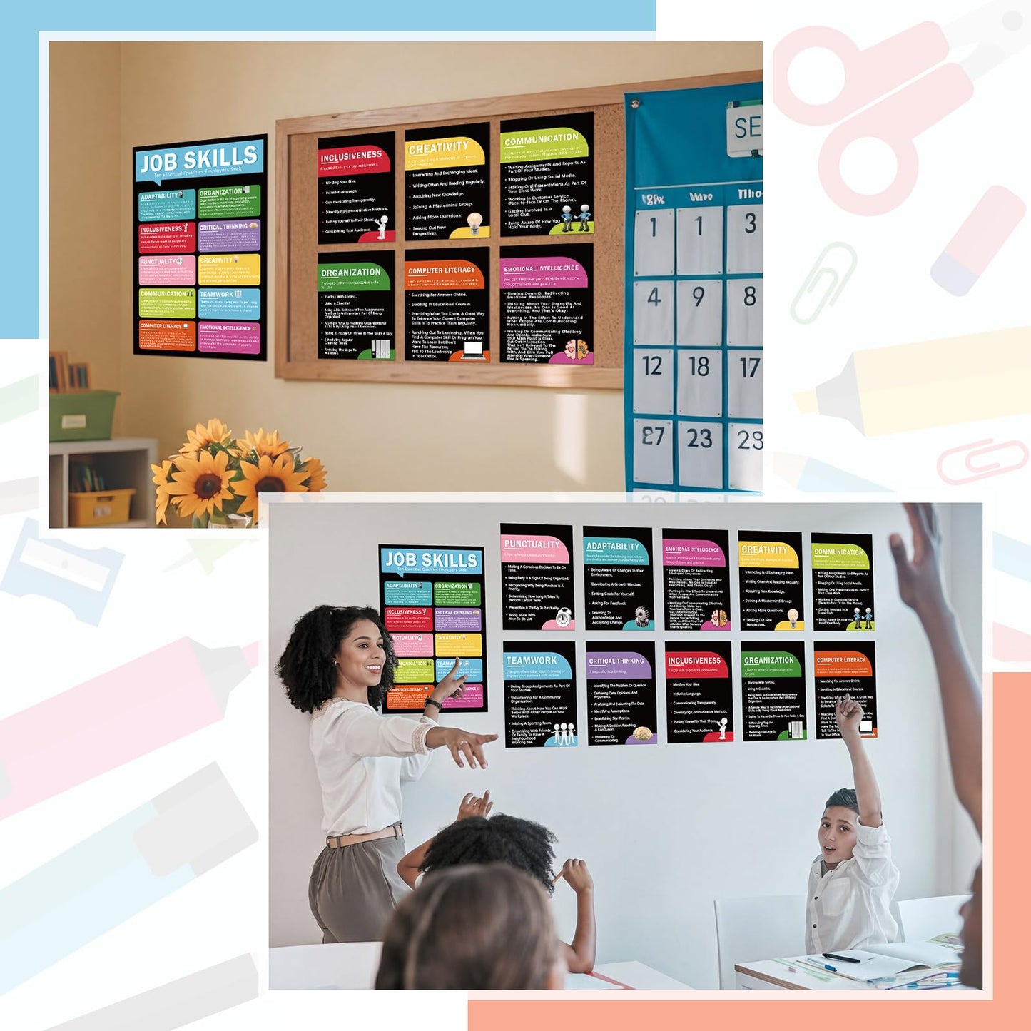 Fullhawl 11 Pcs Job Skills Posters Educational Bulletin Board Set for College School Classroom Decorations Essential Qualities Employers Seek Posters for Library Reading Corner Wall Supplies (Black)
