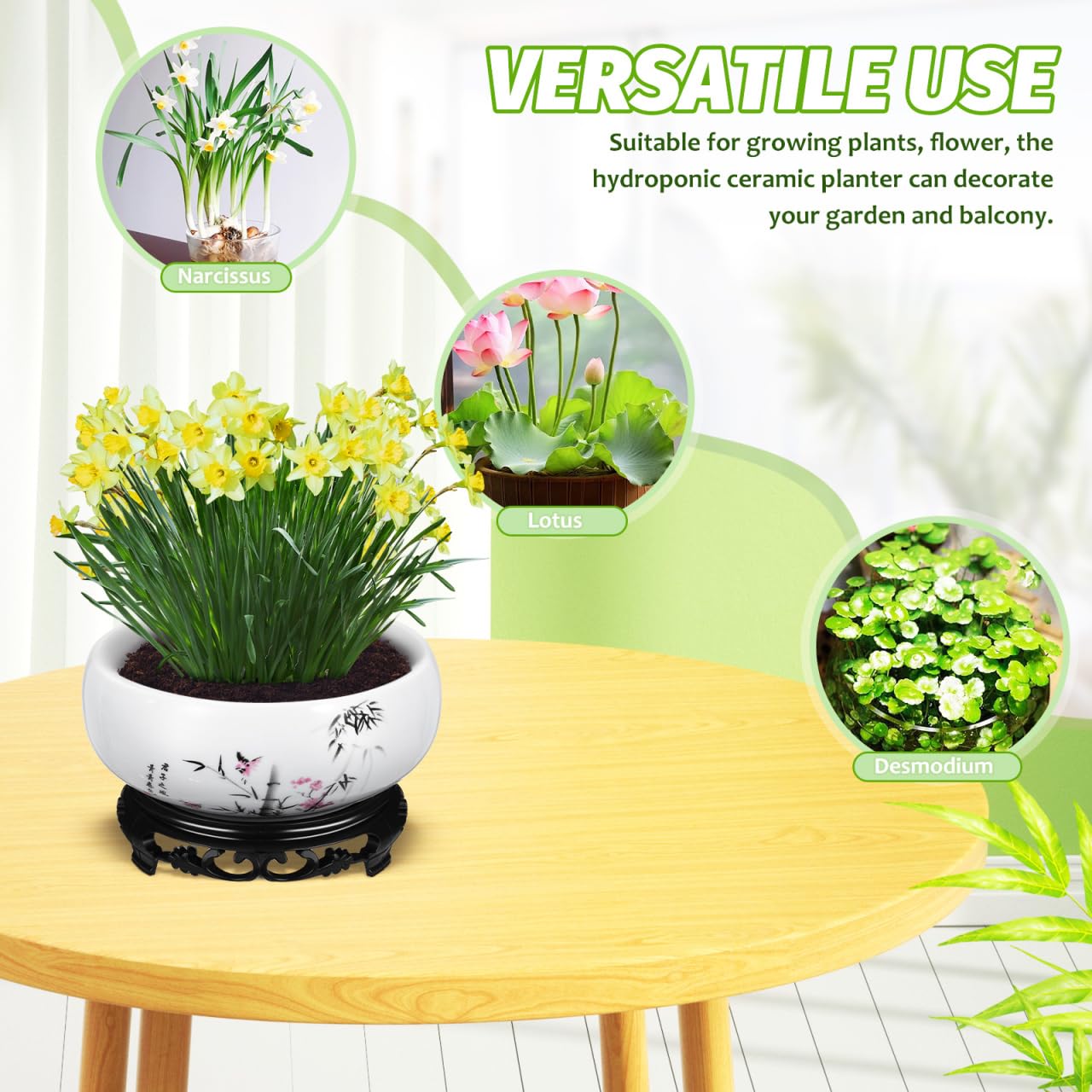 DOITOOL Lotus Bowl Planter, 6.9 Inch Water Lily Bowl Chinese Style Ceramic Lotus Planter, Bonsai Flower Water Lily Pot Hydroponic Pot with Plastic Base