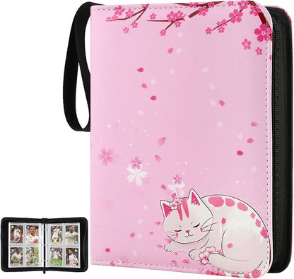 Card Binder 4-pocket,400 Pockets Trading Card Holder Album Book Case for TCG Cards Collection Sports Trading Cards Collector Album for Boys Girls Toys Gift Pink Sakura Cat