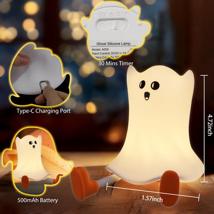 Gefaxi Ghost Night Light Silicone Cute Halloween Ghost Decor Night Light for Breastfeeding Squishy Ghost Nightlight Cordless Rechargeable Dimmable Touch Fun Bedside Light Lamp for Halloween Gifts