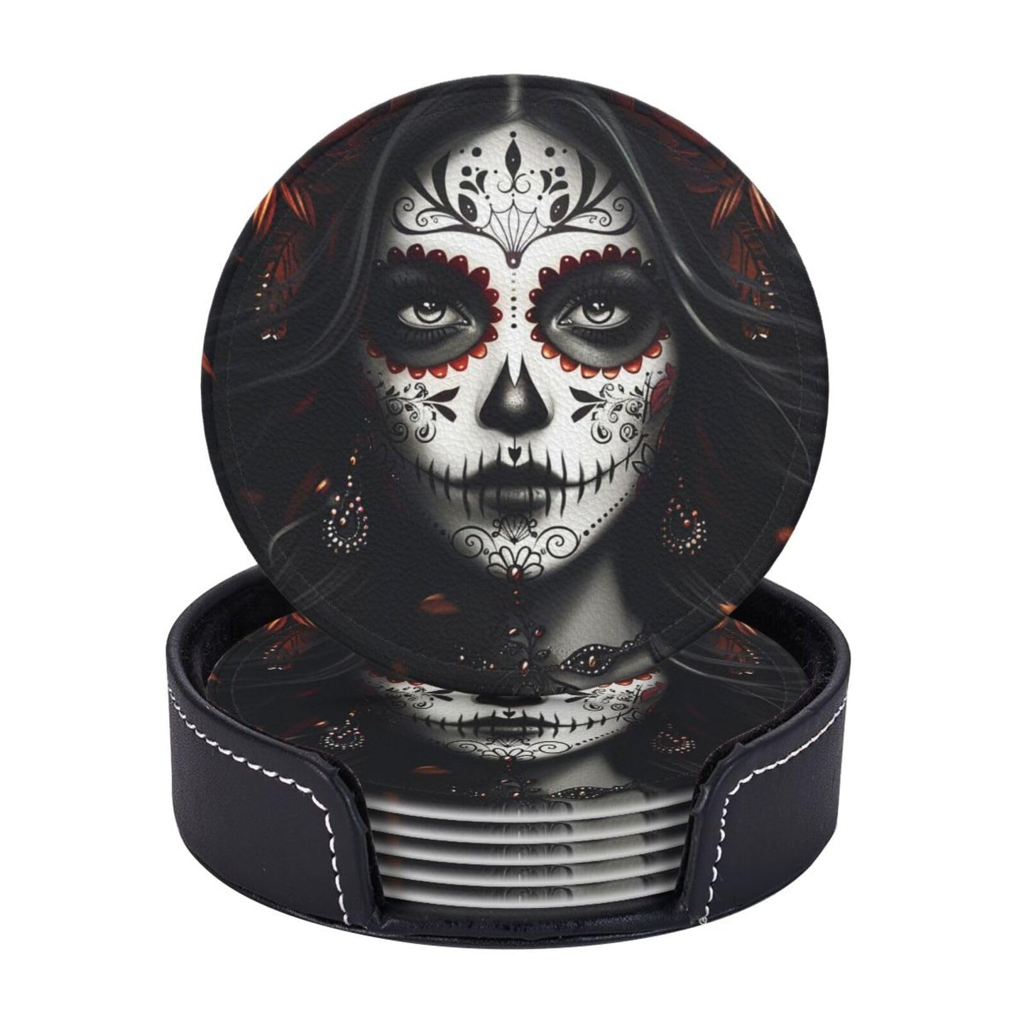 Sugar Skull Coasters with Holder Leather Coasters for Drinks Set of 6 Funny Halloween Drink Coasters Sets for Living Room Kitchen Coffee Bar Holiday Decor